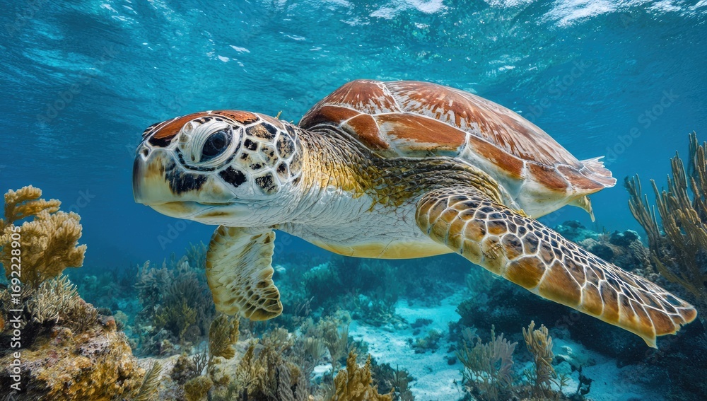 Fototapeta premium Sea turtle swimming over coral reef. Underwater, vibrant colors, marine life, peaceful, wildlife, nature, underwater world