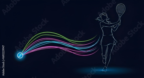Simple vector art of a female tennis player silhouette with bold neon tennis ball trails