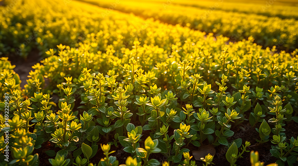 Obraz premium Young green plants sprout in neat rows from dark soil under warm golden sunlight, symbolizing growth and fresh beginnings.