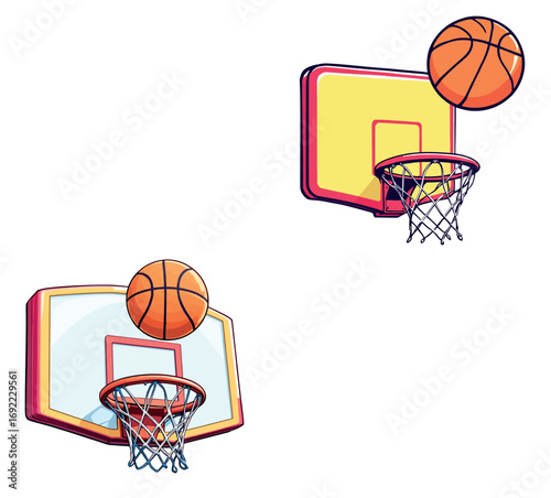 Vsai two basketballs approaching hoops on white background