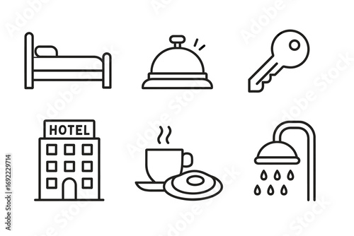 Hotel icons: bed, bell, key, building, coffee, shower in black and white