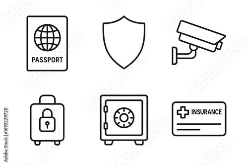 Passport, shield, cctv, luggage, safe, insurance icons for security and travel