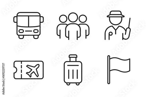 Transportation icons: bus, group, tour guide, ticket, luggage, flag