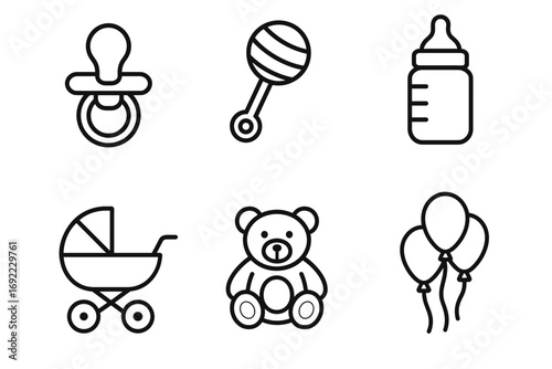 Baby essentials icons set with pacifier, rattle, bottle, stroller, teddy, balloons