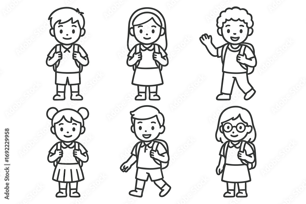 Cartoon children with backpacks in various poses Cartoon children with backpacks in various poses