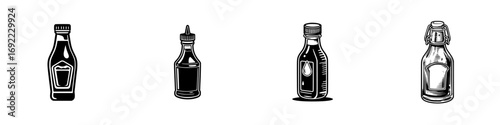 Set of sauce and condiment bottles in a monochrome vintage style for restaurant menus and food packaging