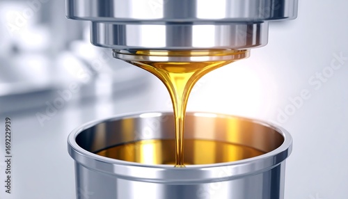 Shiny metal machine pours golden oil
