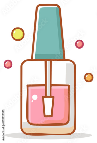Isolated cartoon nail polish bottle illustration. Pink cosmetic product for manicure, nail art, and beauty salon concepts.