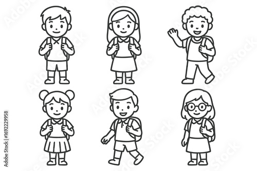 Cartoon children with backpacks in various poses