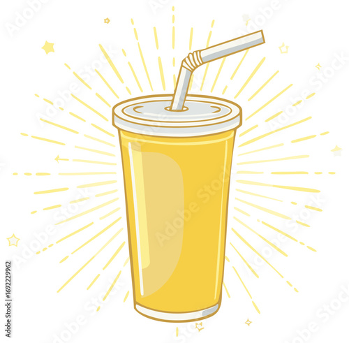 Yellow drink with straw and sunburst illustration