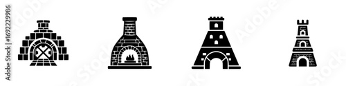 Medieval brick oven furnace and castle tower silhouette for historical architecture and cooking concepts