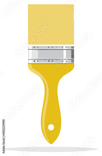 Yellow paint brush with bristles and metal ferrule on white background