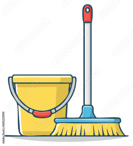 Yellow cleaning bucket and broom an essential household chore tools illustration