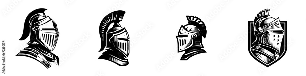 Fototapeta premium Set of black and white knight helmet icons for logos and emblems, showing medieval warrior armor in profile view with a shield design