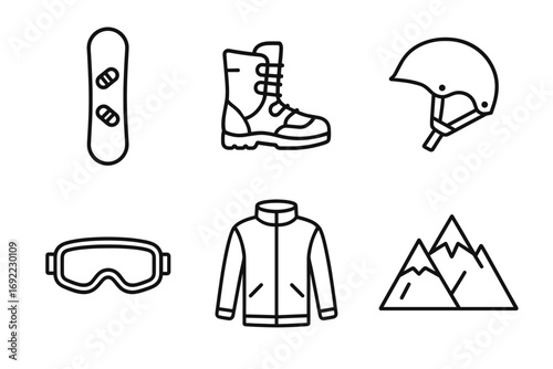 Line art: snowboarding gear and mountain icon set