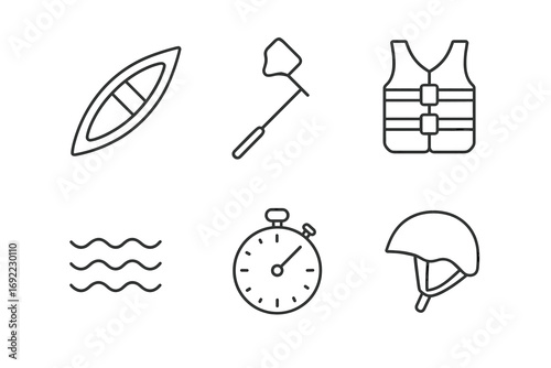 Kayaking essentials: kayak, paddle, life vest, water, stopwatch, helmet icons