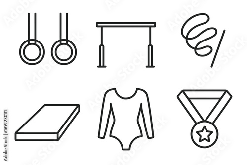 Outline icons of gymnastics equipment including rings, parallel bars, and medal