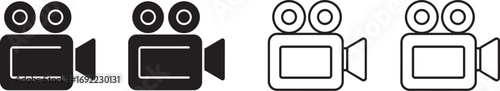 Black and white vector illustrations of camera icons in different styles, ideal for video production, media, photography, and digital design projects