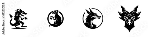 Set of black and white dragon monster logos in a minimalist graphic style, collection of mythical beast head icons and fantasy creature silhouettes for emblems or tattoos