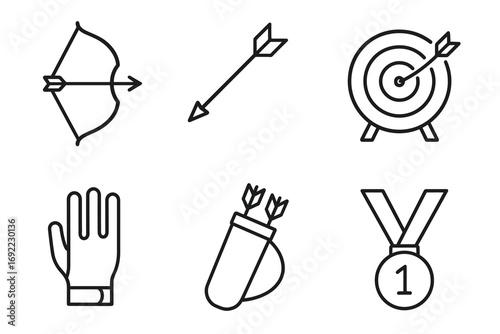 Outline icons of archery equipment and target with medal