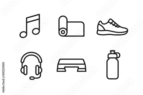 Fitness icons: music note, yoga mat, shoe, headphones, step, water bottle