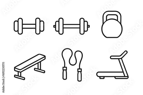 Minimalist fitness icons set: dumbbell, kettlebell, bench, jump rope, treadmill
