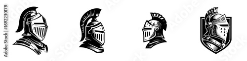 Set of black and white knight helmet icons for logos and emblems, showing medieval warrior armor in profile view with a shield design