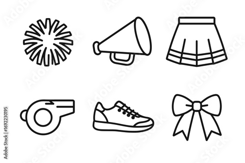 Line icons of cheerleading gear: pom-pom, megaphone, skirt, whistle, shoe, bow