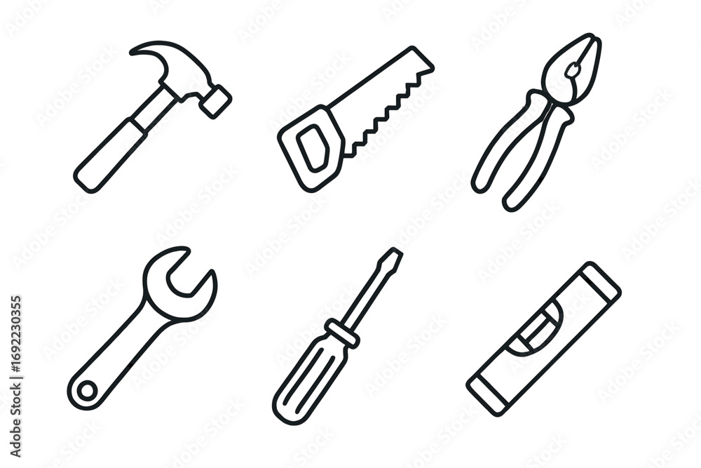 Set of hand tools icons including hammer, saw, pliers, wrench, screwdriver, and level Set of hand tools icons including hammer, saw, pliers, wrench, screwdriver, and level