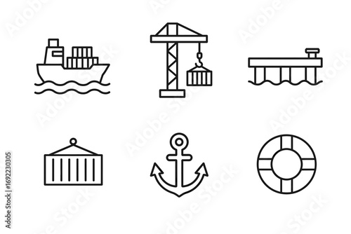 Maritime symbols: cargo ship, crane, dock, container, anchor, lifebuoy icons
