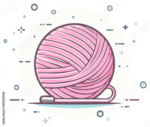 Cute cartoon illustration of a pink ball of yarn for knitting and crafting hobbies