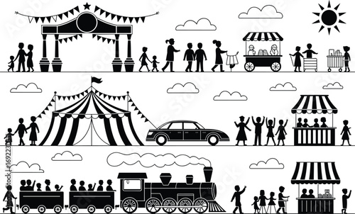 Family fun fair illustration, circus and carnival scene, amusement park vector, outdoor festival with train ride, food stalls, celebration