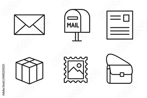Outline icons of mailbox, envelope, parcel, stamp, letter, bag