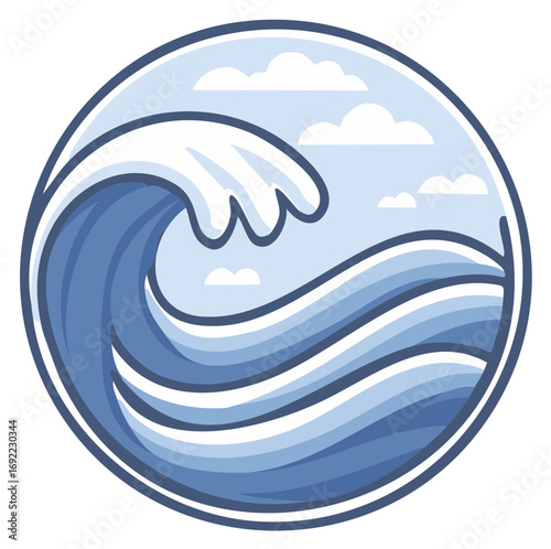 Stylized Blue Ocean Wave and Clouds Circular Design