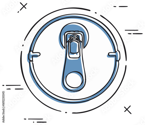Close-up stylized icon of a zipper slider and tab within a circular frame with hand-drawn elements.