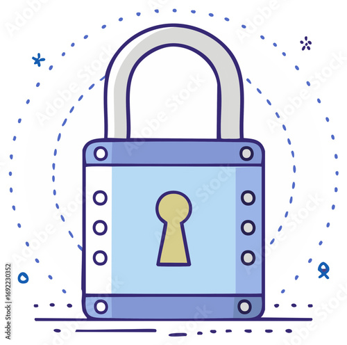 Illustrated padlock with keyhole and dotted circular motion lines symbolising security and protection