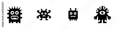 Set of four funny monster characters in black silhouette style isolated on a white background, cute cartoon creature icons for graphic design