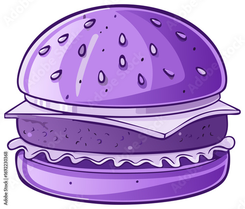 Stylized purple cartoon cheeseburger with a sesame seed bun and cheese slice