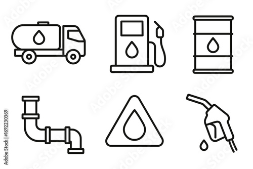 Fuel and oil icons: tanker, pump, barrel, pipe, hazard sign, nozzle