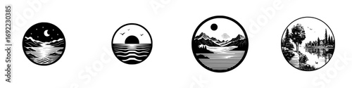 Set of minimalist black and white nature landscape icons in a circle frame featuring mountains, sun, moon, and lake scenes for logo or emblem design
