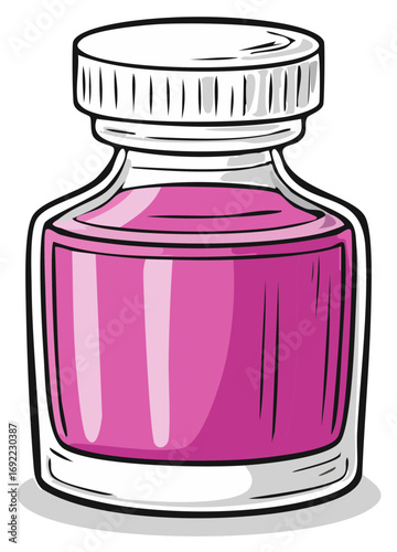 Cartoon illustration of a pink liquid bottle with a white lid