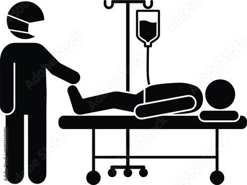 Black silhouette illustration of a doctor administering care to a patient with an IV drip in a hospital setting, ideal for medical and healthcare designs