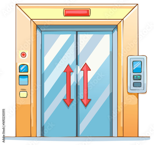 Cartoon Style Lift with Glass Doors and Arrows Pointing Up for Design or Architectural Projects