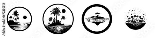 Set of black and white tropical island logo designs with palm tree silhouettes, ocean waves, and sun emblems for summer vacation or travel branding