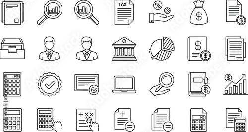 Accounting and finance icon set, tax document, budget planning, financial analysis, pie chart, business report, calculator, income data