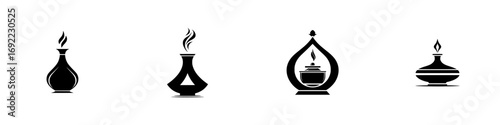 Set of black silhouette icons of antique oil lamps and incense burners with flames and smoke isolated on a white background