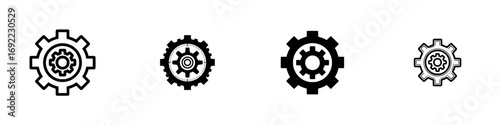 Set of black gear icons for settings, options, and mechanical processes isolated on a white background