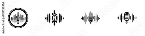 Set of microphone and sound wave icons for podcasting and audio recording, black and white symbols for music and voice