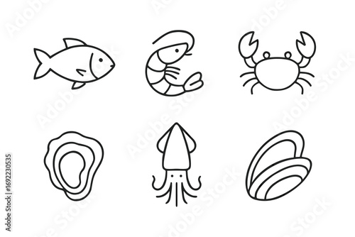 Collection of seafood icons: fish, shrimp, crab, oyster, squid, mussel illustrations