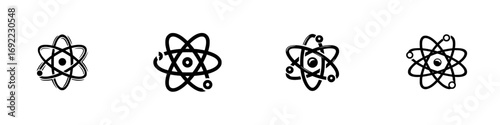 Minimalist atom symbol collection showing nucleus and electron paths, a graphic representation of scientific research, nuclear energy, and quantum physics